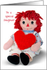 Birthday for Daughter-old rag doll with red heart isolated on white card