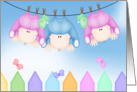 Triplets Congratulations- baby boy and girls hanging on a clotheline card