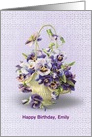 Name Specific for Birthday pansy bouquet in a basket on eyelet card