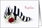 Matron of Honor request for Cousin-striped pumps with red rose card