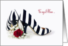 Walk me down the aisle request for Mom-striped pumps with red rose card