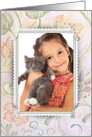 Birthday photo card with corner slit frame on pastel floral background card