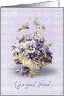 Purple Pansy Bouquet in Basket for Friend’s Birthday card