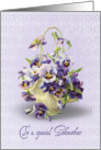 Godmother’s Birthday-pansy basket on pastel purple eyelet background card