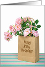 80th Birthday pink roses in generic paper bag on striped paper card