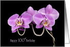 100th Birthday pink orchids with string of pearls on black card