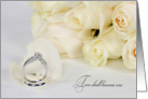 Wedding Congratulations-diamond ring on white rose petal with bouquet card