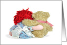 encouragement, rag doll and teddy bear hugging isolated on white card
