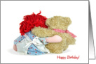 Birthday-old rag doll and teddy bear hugging card