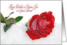 Friend’s Birthday at Christmastime, red rose in snow card