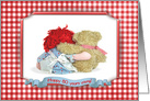 80th Birthday rag doll and brown teddy bear in gingham frame card