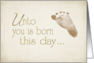 Christmas religious, baby footprint on a soft textured-like background card