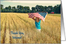 Thank You to Veteran-girl running in wheat field with American flag card