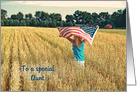 Thank You to Aunt on Veterans Day girl with flag in wheat field card