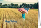 4th of July Birthday-girl with flag in wheat field card