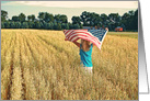 Memorial Day young girl in wheat field with American flag card