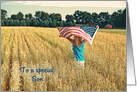 Thank You to Son on Veterans Day girl with flag in wheat field card