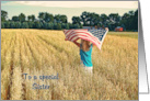 Thank You to Sister On Veterans Day, Girl With American Flag in Field card