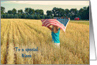 Thank You to Niece on Veterans Day-girl with flag in wheat field card