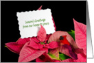 Season’s Greetings-from our home to yours with poinsettia and cardinal card