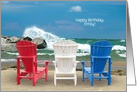 Birthday name specific, Adirondack chairs on beach with crashing wave card