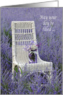 mason jar with floral bouquet on wicker chair in Russian Sage card