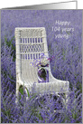 104th Birthday, mason jar with bouquet on a chair in Russian sage card