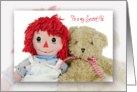 Secret Pal’s Birthday-old rag doll with teddy bear card