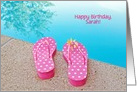 Name Specific Birthday, polka dot sandals by swimming pool card