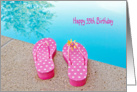 55th Birthday-polka dot flip-flops by swimming pool card