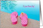 Name Day for Friend-polka dot flip-flops by swimming pool card