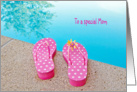 Birthday for Mom-polka dot flip-flops by swimming pool card