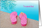 Birthday for Aunt, polka dot flip flops by swimming pool card