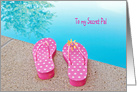 Birthday for Secret Pal polka dot flip flops by swimming pool card