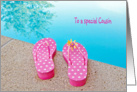 Birthday for Cousin-polka dot flip-flops by swimming pool card