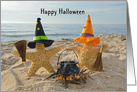 Halloween witch starfish on the beach with black kettle card