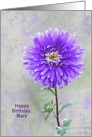 Birthday specific name-purple dahlia with soft textured background card
