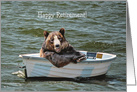 Retirement smiling bear in small row boat card