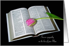 Loss of Mom pink tulip on open Holy Bible on black card