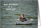 Son Retirement congratulations, smiling bear in tiny white boat card