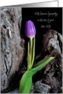 Loss of Wife-purple tulip with raindrops on driftwood card