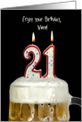 Niece’s 21st Birthday candles in mug of beer on black card