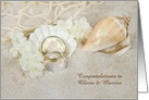 wedding congratulations Name Specific with rings in seashell in sand card