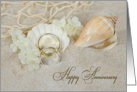 anniversary congratulations-rings in seashell with flowers and net card