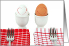 wedding anniversary, white and brown eggs in cups with forks card