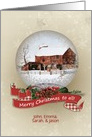 Merry Christmas Name Specific-snow globe with barn painting card