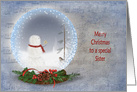 Christmas for Sister snowman in snow globe on textured music card