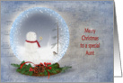 Christmas for Aunt-snowman in snow globe on textured music card