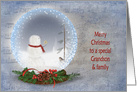 Grandson and family’s Christmas snowman with bird in snow globe card