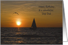 Step Dad’s Birthday, sailboat sailing at sunset with seagull card